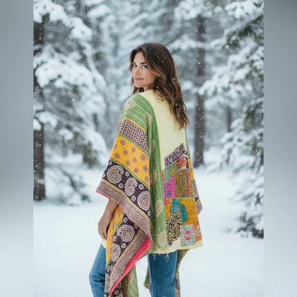 ELVIS BAND T Poncho Kantha Handmade One Of a Kind Upcycled Boho - Picture 3 of 5